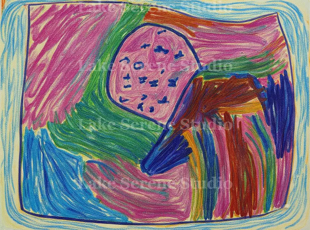 Framed colorful crayon-texture abstract artwork “Crayon Cosmos: Rainbow Scribbles” on a living room wall above a gray sofa (lakeserene.myshopify.com)