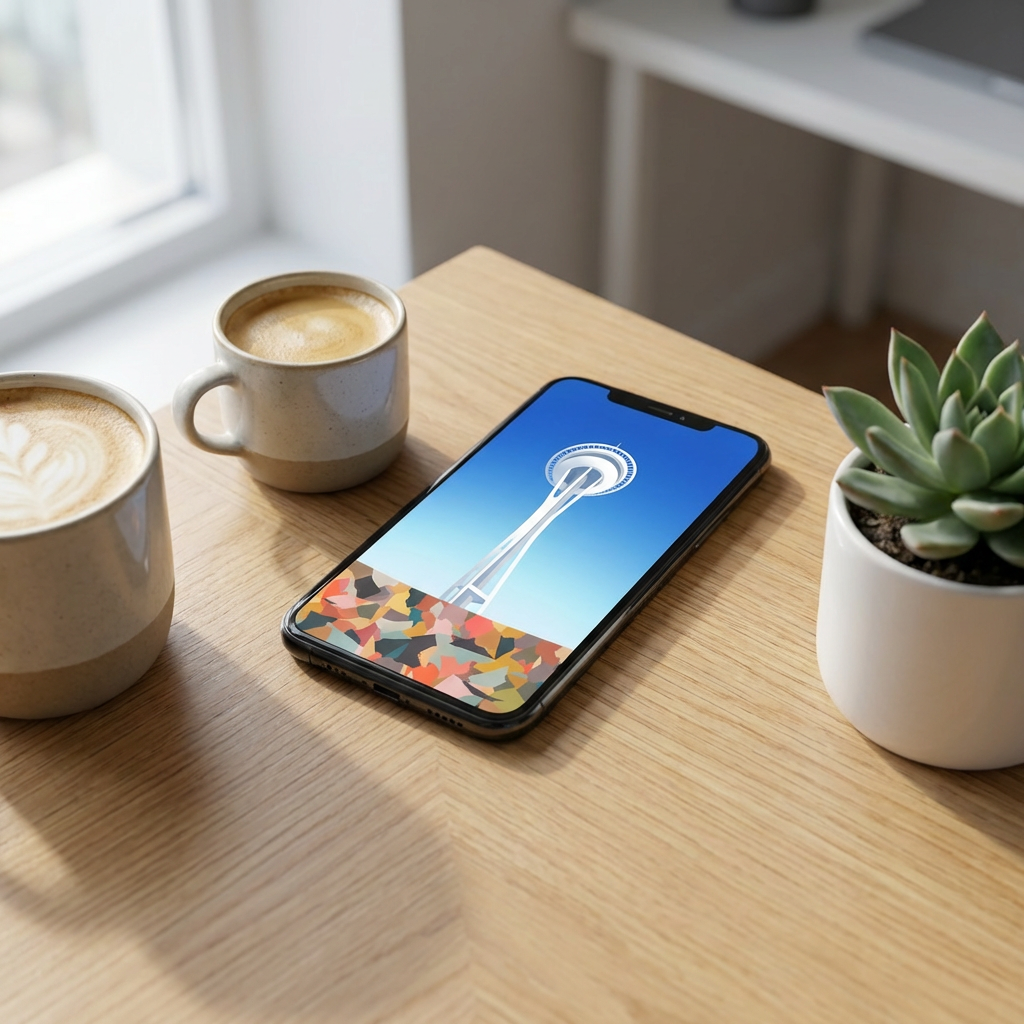 Space Needle Mosaic Dream — Minimal Dreamy Gradient Phone Wallpaper (Digital Download) - Phone Mockup