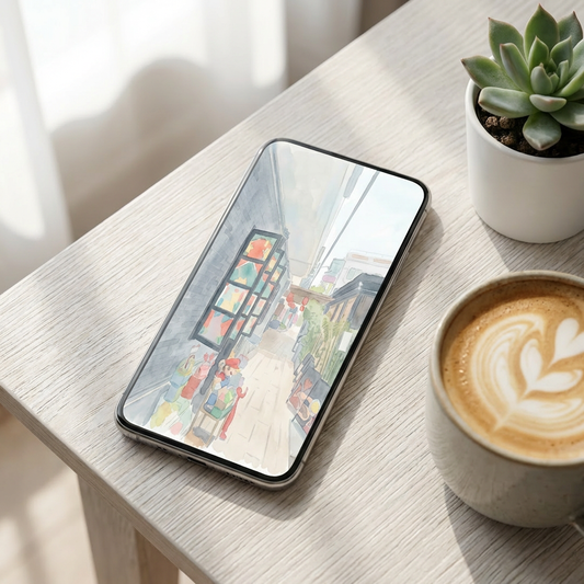 Cartoon Alley Panels — Soft Watercolor Minimal Phone Wallpaper (Digital Download) - Phone Mockup