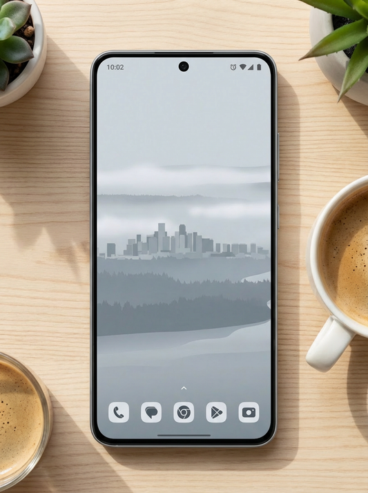 Smartphone on a wooden surface with a cup of coffee and plants