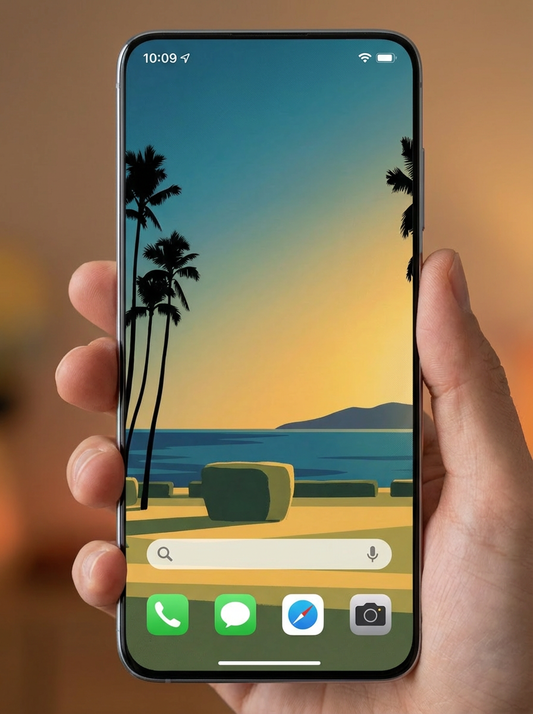 Hand holding a smartphone with a scenic wallpaper of palm trees and a beach.