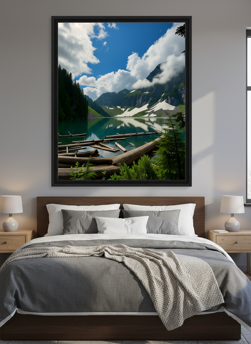Clouds over Lake Serene in Washington’s Cascade Range—emerald alpine lake with driftwood, evergreen slopes, and snow patches under billowing clouds