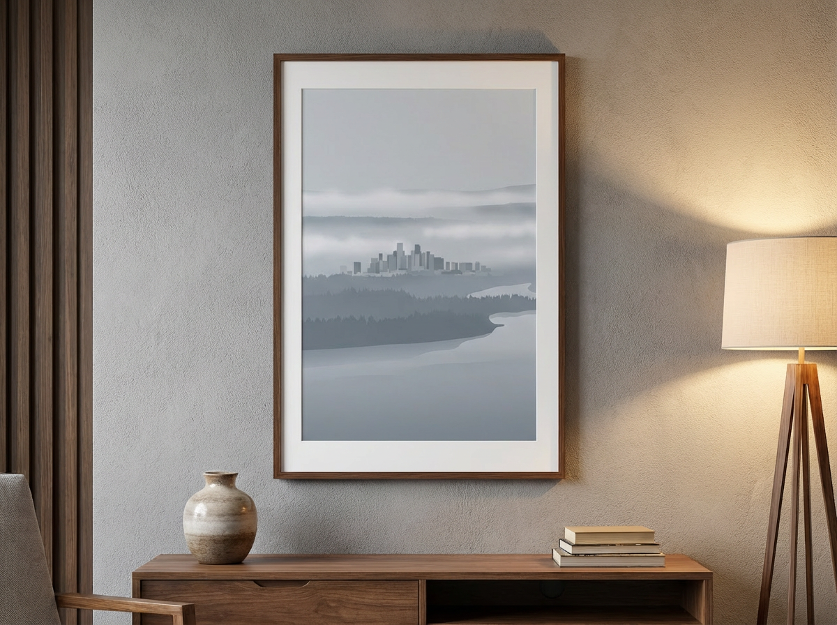 Framed artwork on a wall above a wooden console table with a lamp and books.