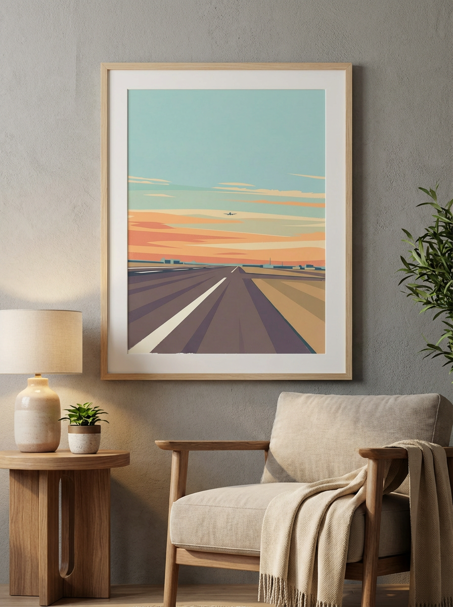 Framed abstract artwork on a wall above a chair in a cozy living room.