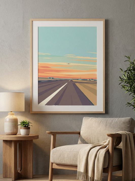 Framed abstract artwork on a wall above a chair in a cozy living room.