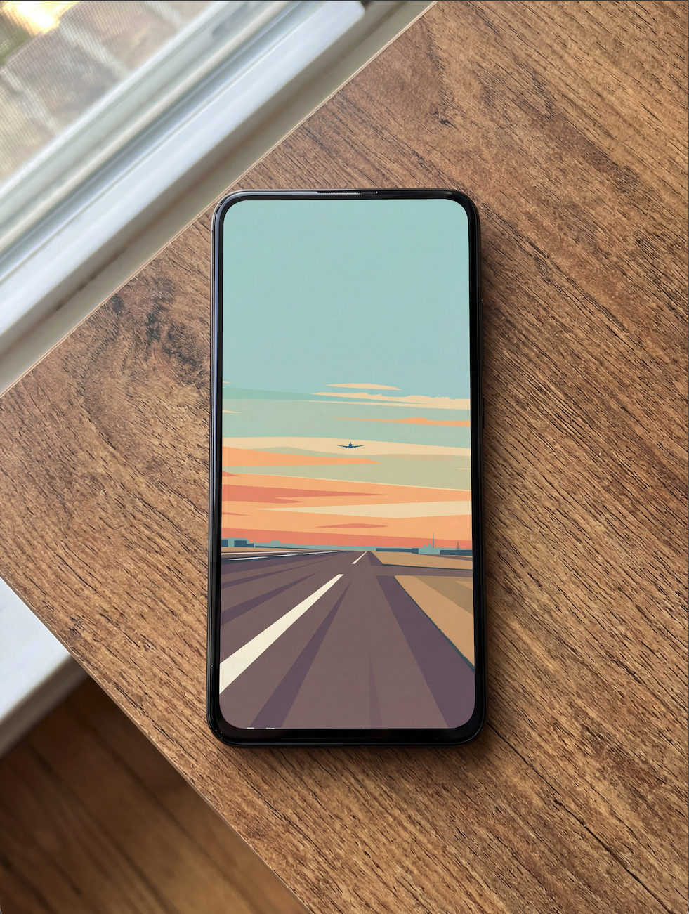 Smartphone displaying a scenic app on a wooden surface