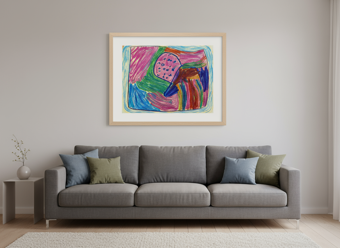 Framed colorful crayon-texture abstract artwork “Crayon Cosmos: Rainbow Scribbles” on a living room wall above a gray sofa (lakeserene.myshopify.com)