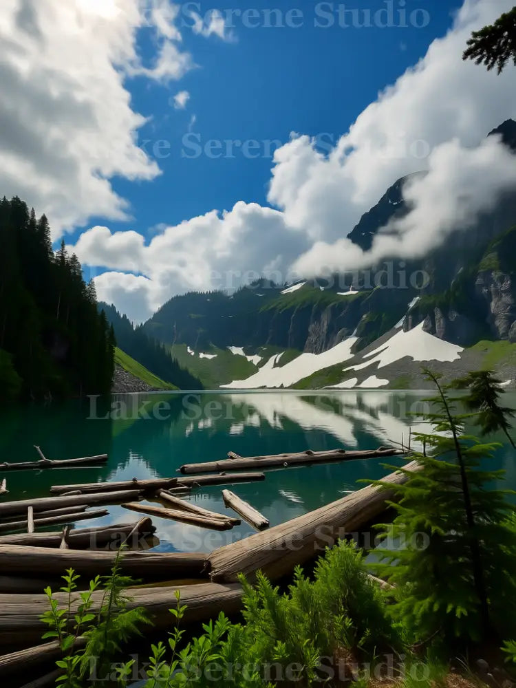 Clouds over Lake Serene in Washington’s Cascade Range—emerald alpine lake with driftwood, evergreen slopes, and snow patches under billowing clouds