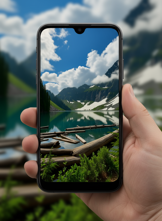 Clouds over Lake Serene in Washington’s Cascade Range—emerald alpine lake with driftwood, evergreen slopes, and snow patches under billowing clouds