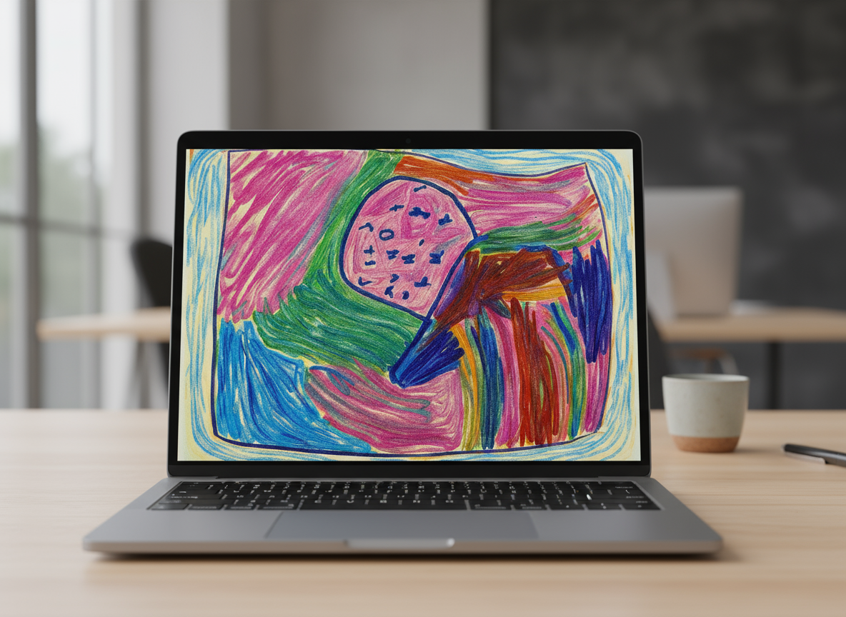 Framed colorful crayon-texture abstract artwork “Crayon Cosmos: Rainbow Scribbles” on a living room wall above a gray sofa (lakeserene.myshopify.com)