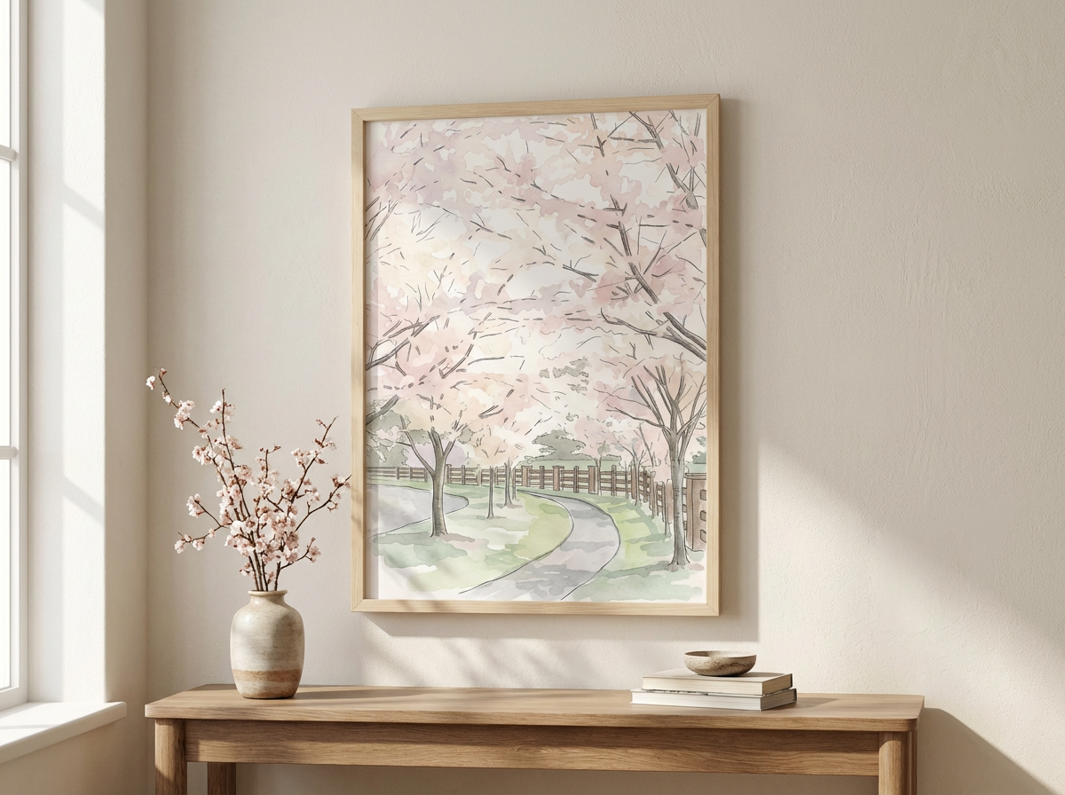 Framed artwork of a cherry blossom scene on a wall above a wooden console table.