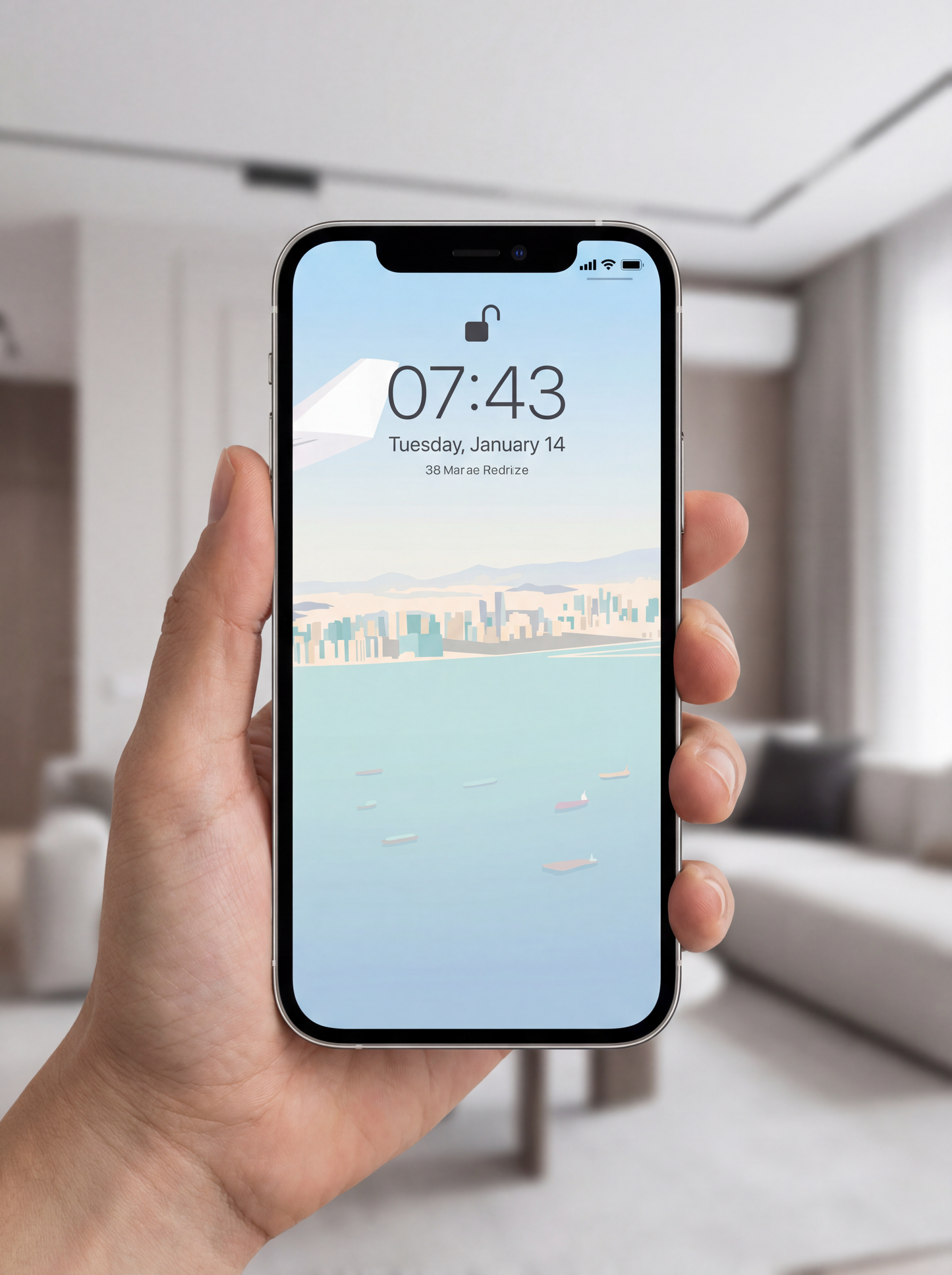 Hand holding a smartphone with a cityscape wallpaper in an indoor setting