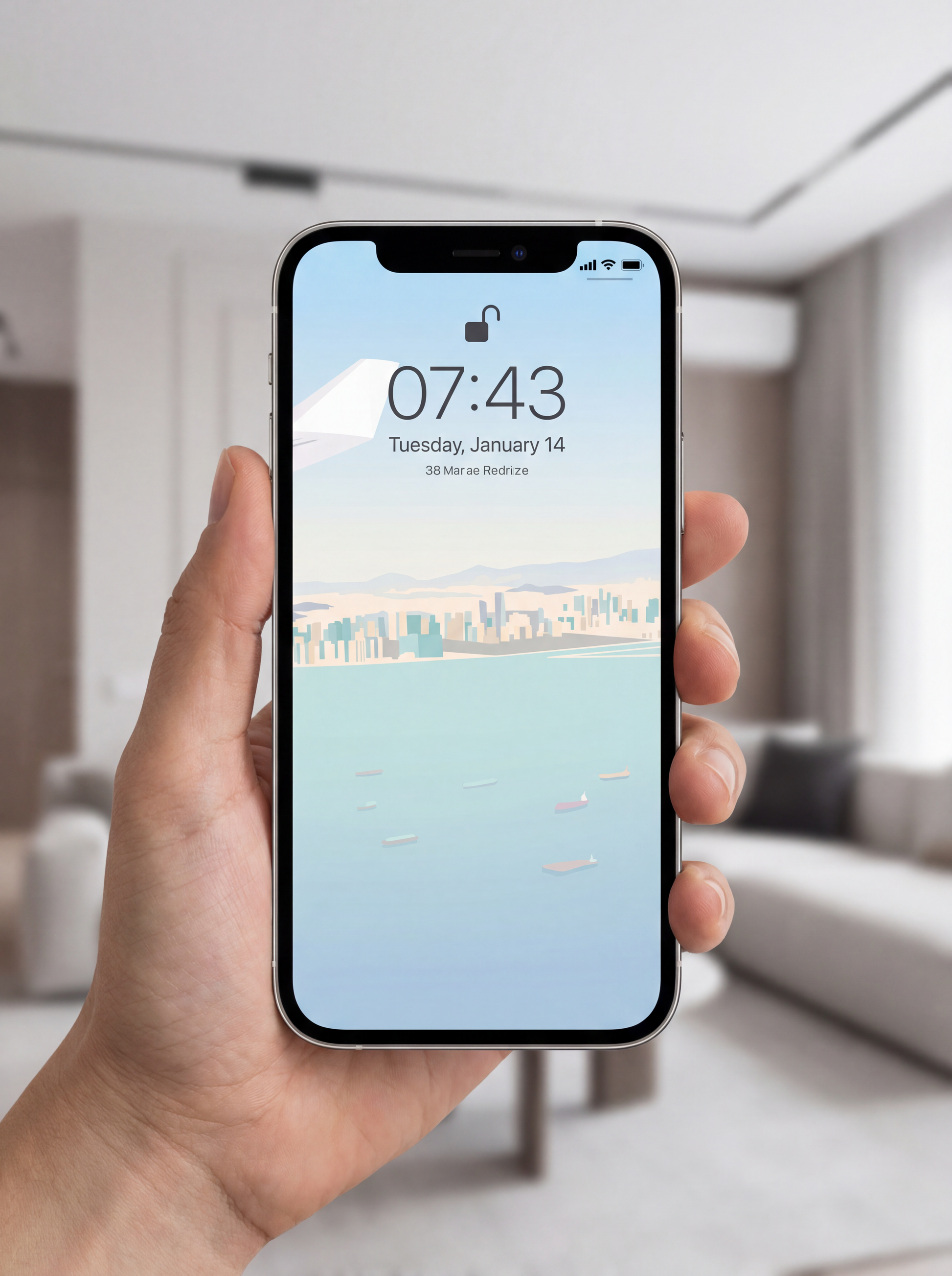 Hand holding a smartphone with a cityscape wallpaper in an indoor setting