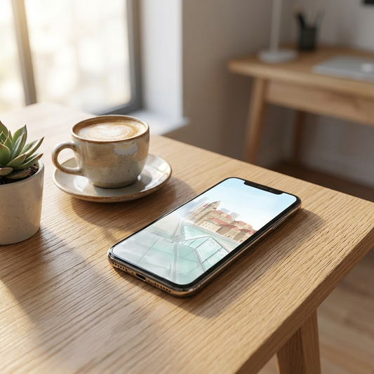 Riverside Cityscape — Soft Watercolor Minimal Phone Wallpaper (Digital Download) - Phone Mockup