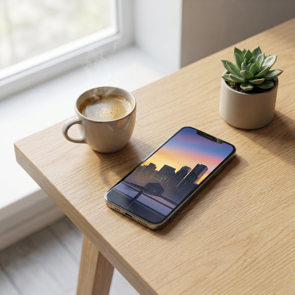 Urban Twilight Silhouette — Moody Minimalist Cityscape at Sunset Phone Wallpaper (Digital Download) - Phone Mockup