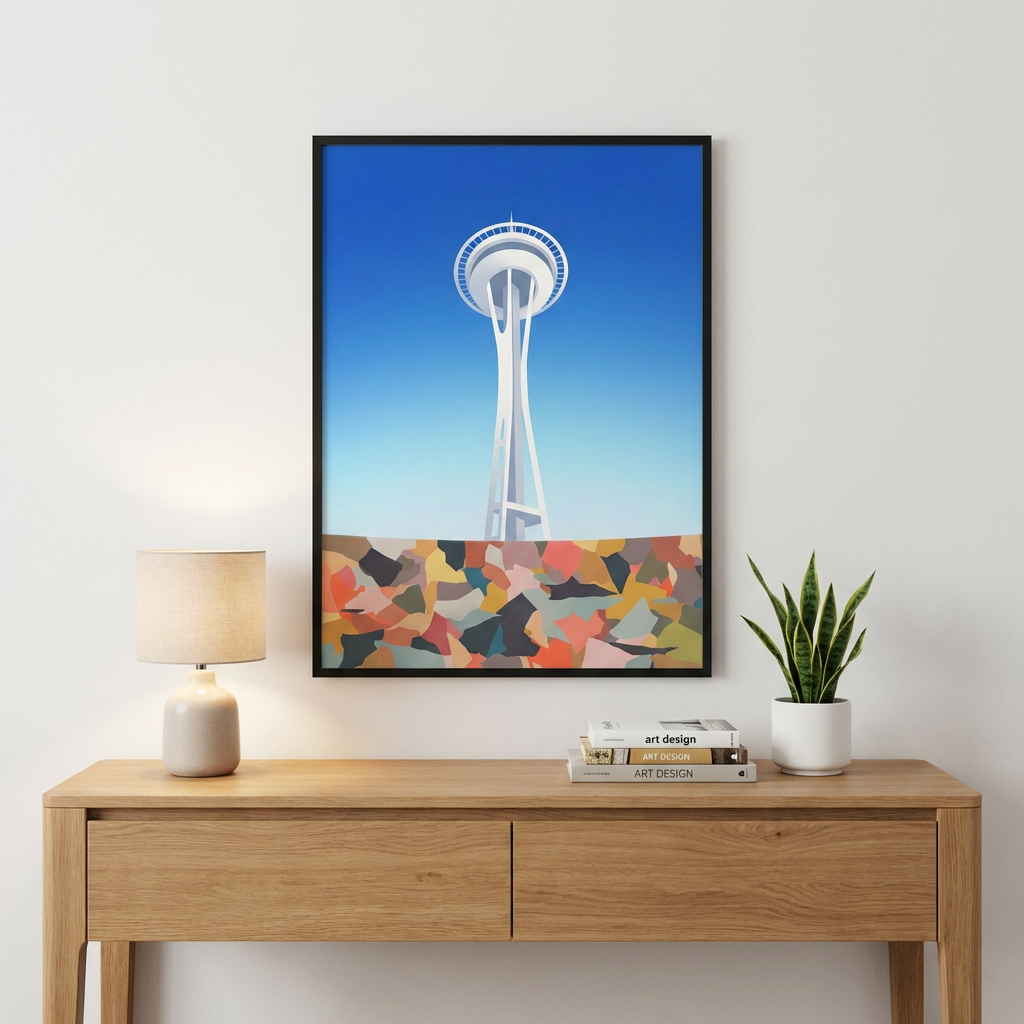 Space Needle Mosaic Dream — Minimal Dreamy Gradient Phone Wallpaper (Digital Download) - Wall Art Mockup
