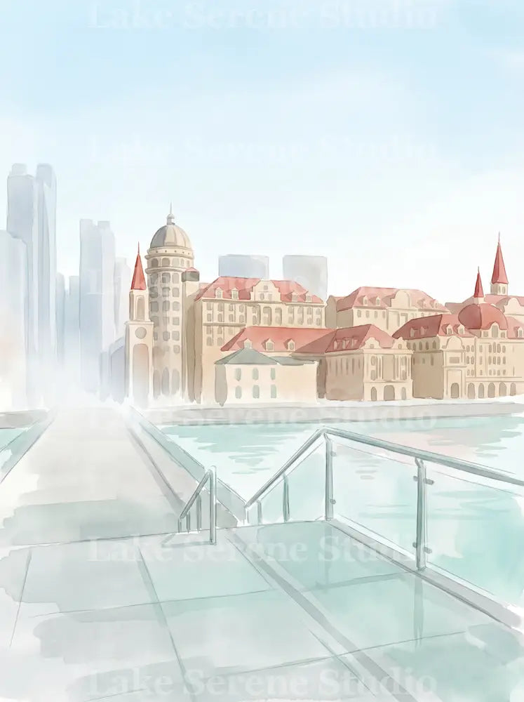 Riverside Cityscape — Soft Watercolor Minimal Phone Wallpaper (Digital Download) - Preview