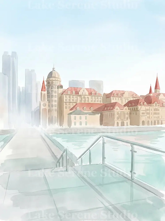Riverside Cityscape — Soft Watercolor Minimal Phone Wallpaper (Digital Download) - Preview